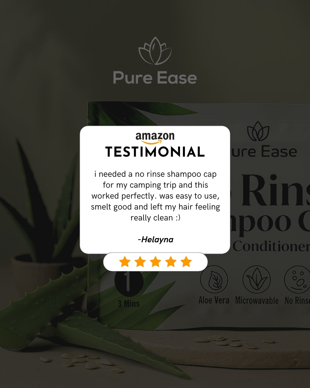 Shampoo Cap Product packaging with a five-star Amazon testimonial overlay.