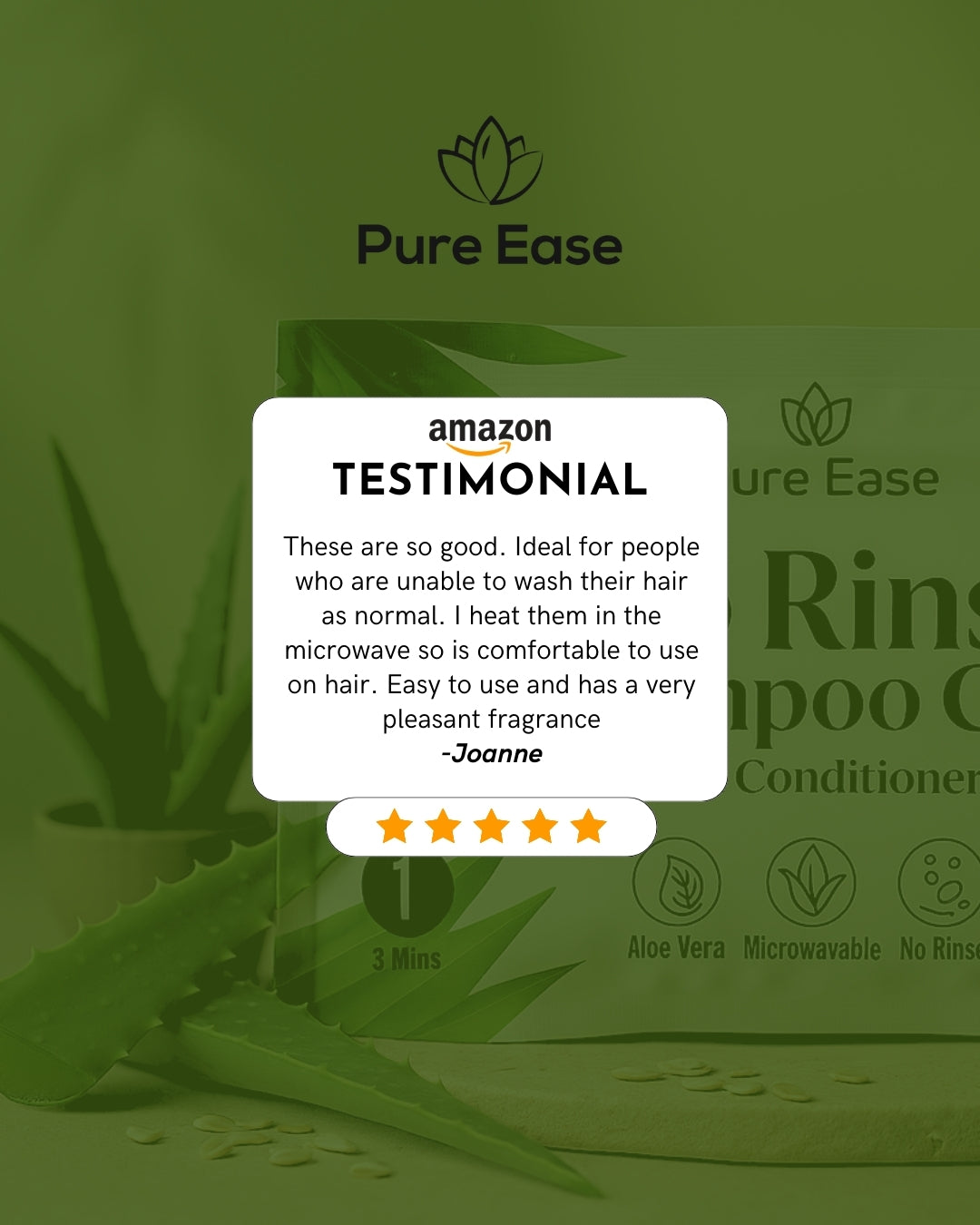 PureEase shampoo cap product packaging with a customer testimonial on a green background.