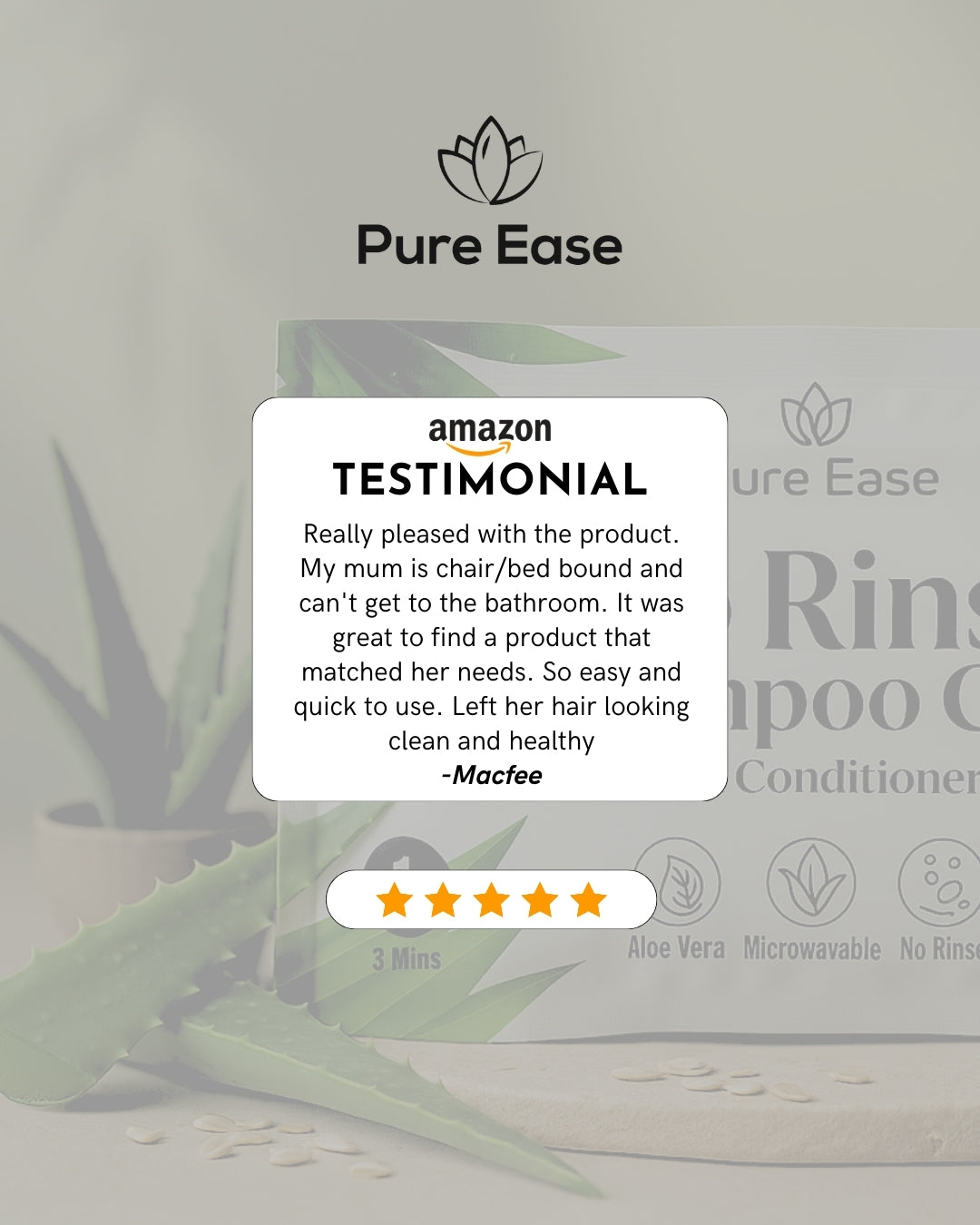 PureEase No Rinse Shampoo Cap packaging with a five-star Amazon testimonial and aloe vera plant