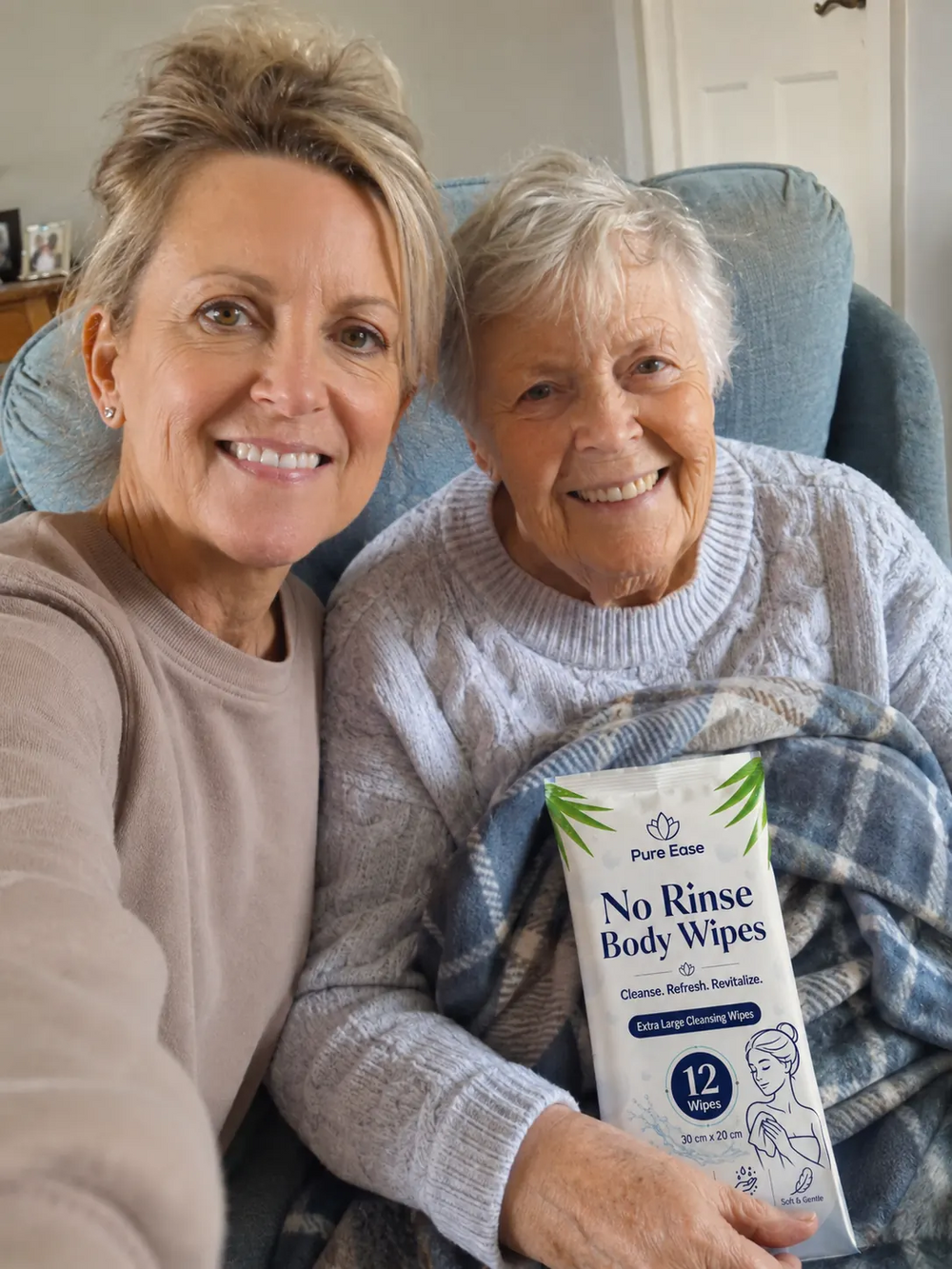 A mother and daughter at home with PureEase Body Wipes