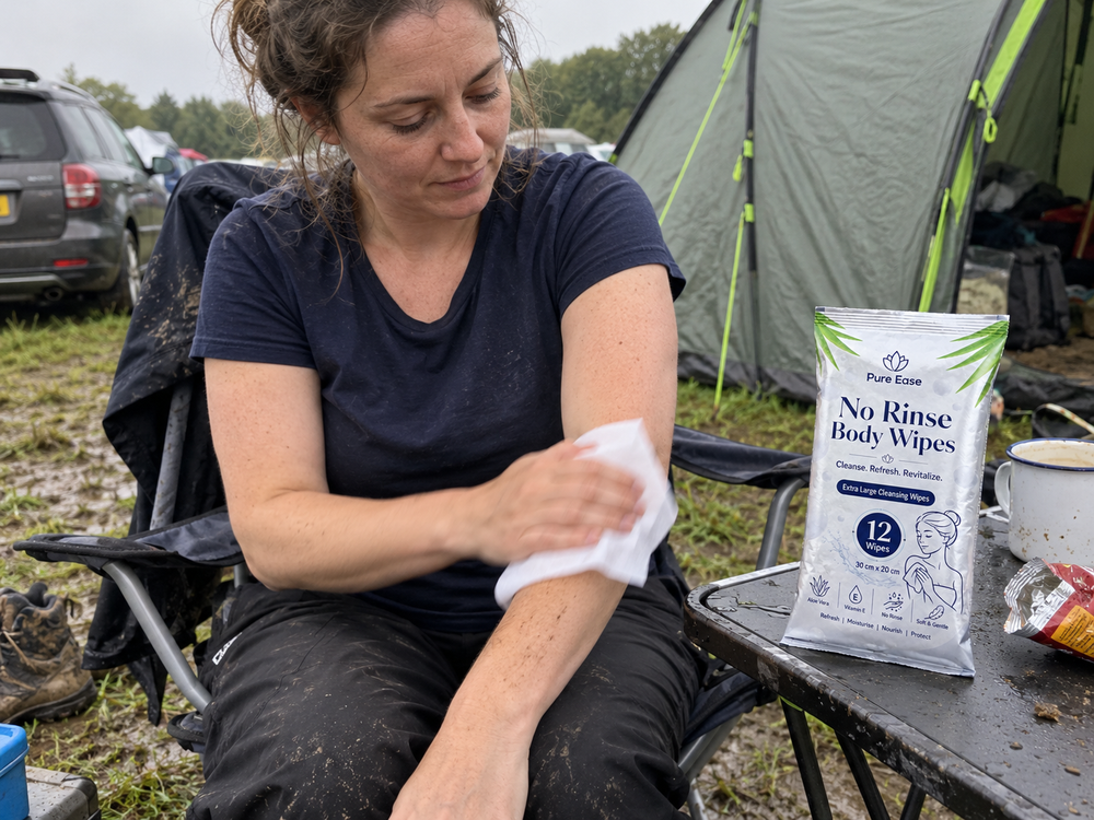 A camper using PureEase Body Wipes outside her tent