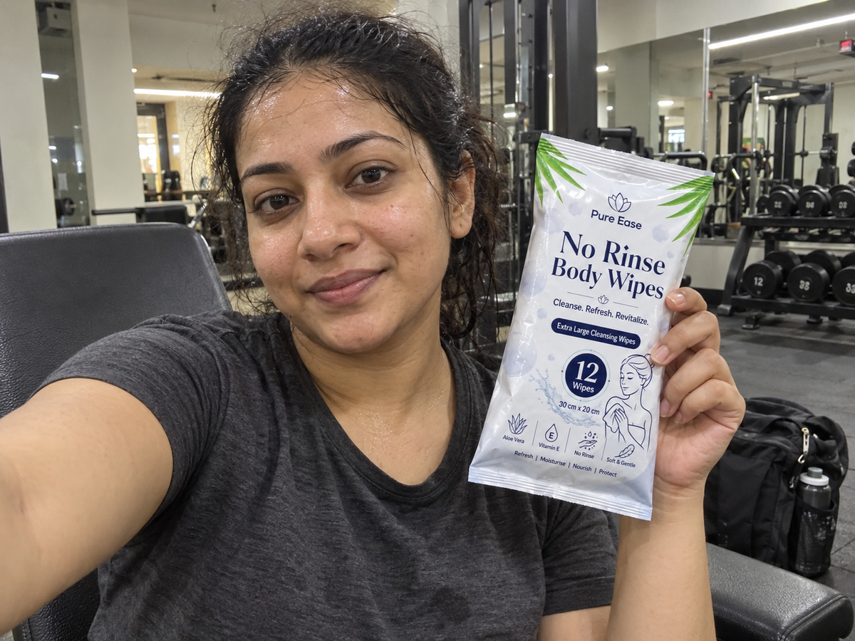A casual post-workout selfie with PureEase Body Wipes