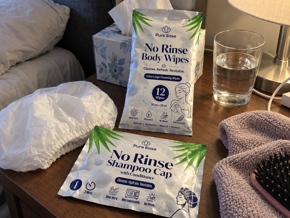 PureEase Shampoo Caps and Body Wipes with everyday bedside care supplies