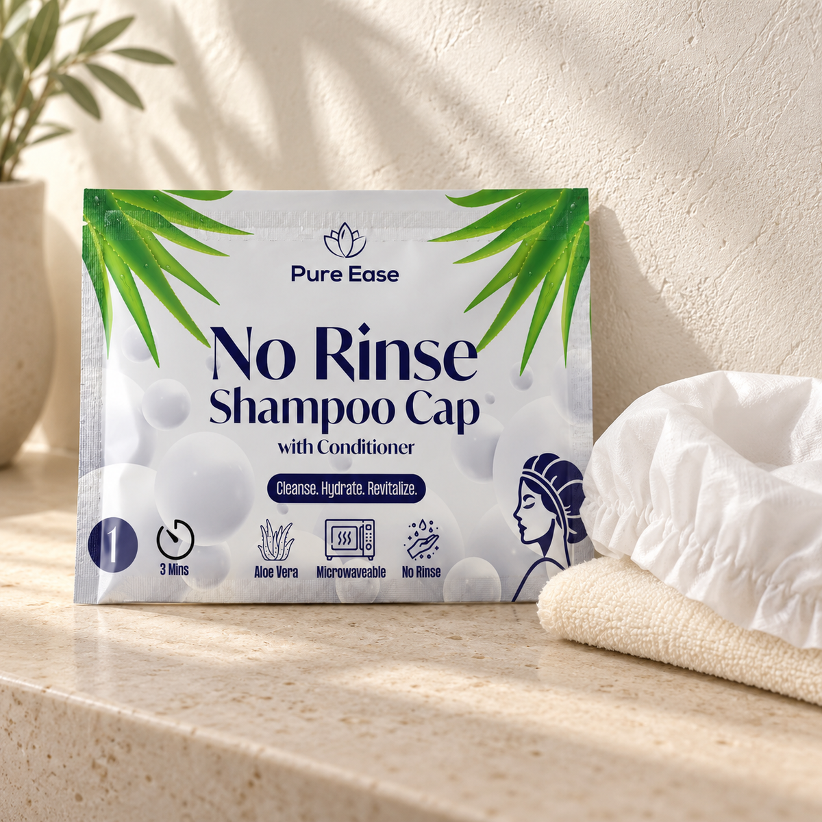 PureEase Shampoo Caps sachet and a white cap on a naturally lit stone shelf
