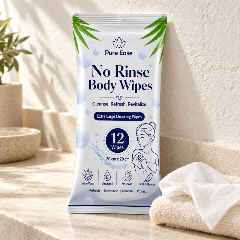 PureEase Body Wipes pouch and a white wipe on a naturally lit stone shelf