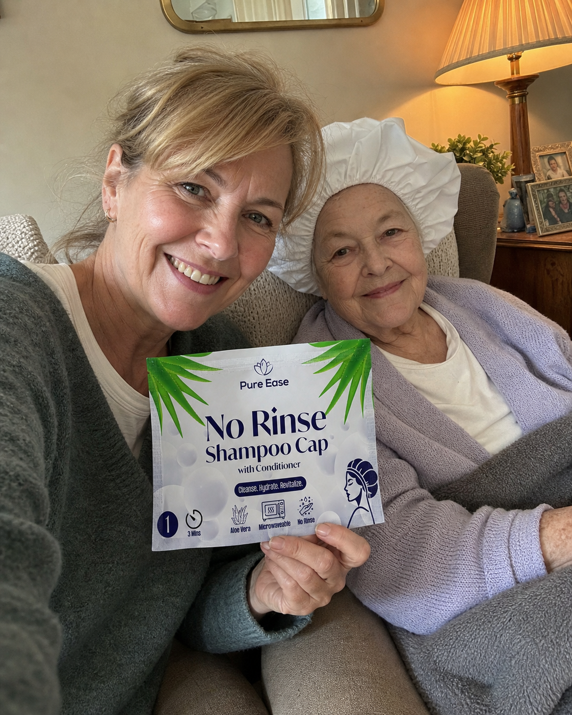 A mother wearing one of the PureEase Shampoo Caps with her daughter at home